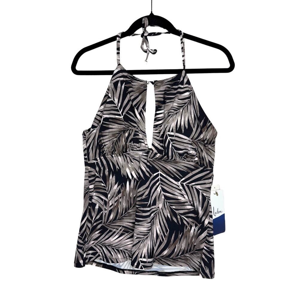 Leilani Halter Floral Palm Leaf Swim Tankini Top Size 12 Black Tropical Swimsuit